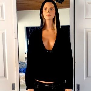 Nice NY&Co Comfort Zone Blk Sweatshirt With Blunging Neckline &!Ribbon Tie